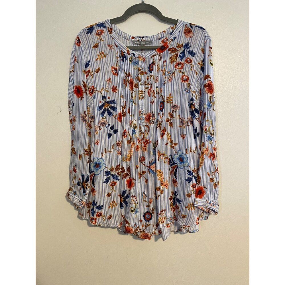 Daniel Rainn Womens Floral Striped Blouse 1X Rayon Long Sleeve Fairy Cottagecore
